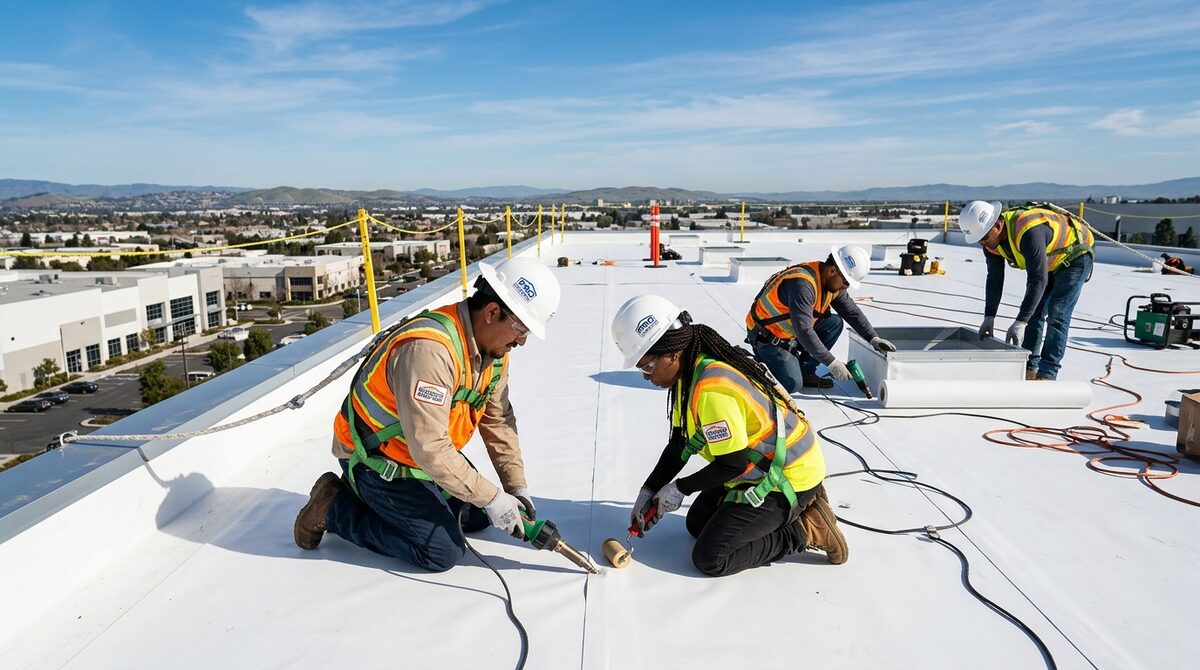 APR Commercial Roofing Crew installing TPO membrane